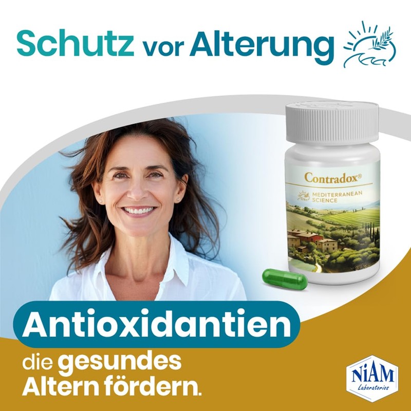 Antioxidants with extracts: pomegranate, grape, olive, garlic, vitamins C, D,