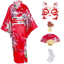 CRFASIBE Japanese Traditional Kimono Costume for Women Floral Printed Kimono Bathrobe Yukata Japanese Dress Cosplay Costume Set Party Dress Stage Photography, red