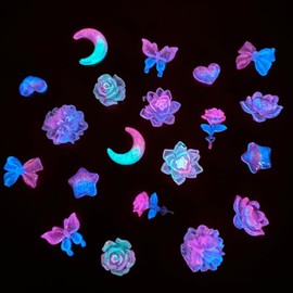 50pcs Luminous Flower Nail Charms Dreamy Blue Purple Gradient Nail Art Charms for Nails Design Cute Bow Heart Butterfly Moon Star Peony Lotus Camellia Rose Nail Charm Manicure Decor Resin Accessories