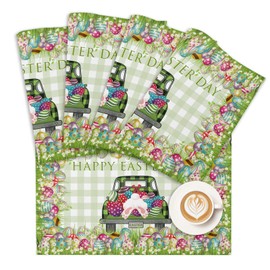 Happy Easter Spring Holidays Vintage Farm Trucks Colorful Eggs Placemats Set of 4,Green Gingham Plaid Patterns Cotton Line Fabric Heat Resistant Washable Mats Decoration for Home Kitchen Dining Party