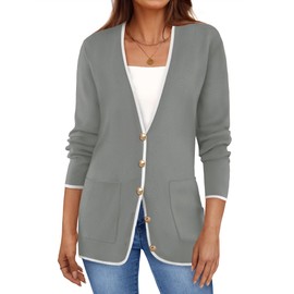 ZESICA Women's Fall Fashion Cardigan Sweaters Long Sleeve Button Open Front Color Block Coatigan with Pockets Grey S