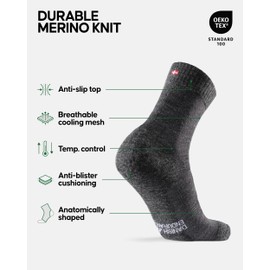 DANISH ENDURANCE Hiking Socks, Lightweight, Merino Wool Socks for Men & Women, Moisture Wicking, Cushioned Crew Socks, 3 Pack, X-Large, Dark Grey