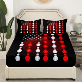 Teens Bowling Bed Set Sports Games Theme Sheet Set for Boys Girls Men Ball Games Pattern Bed Sheets Modern Fashion Red Black Decor Sheets Room 4Pcs Full Size