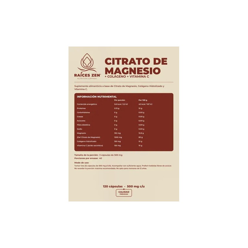 Citrato Magnesio 120 Cáps Magnesium Citrate Raíces Zen Sabor