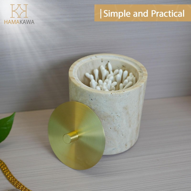 HAMAKAWA Nartural Marble Qtip Holder with Brass Lid, Beige Travertine