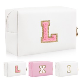 Bolsa de maquillaje con parche inicial personalizada, bolsa de chenilla con cierre, Color1-Rosa-L