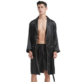 Haseil Men's Luxurious Kimono Robe with Shorts Silk Satin Bathrobes Lightweight Long Sleeve Sleepwear Set, Black1, Tagsize5XL=USsize2XL