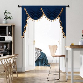 ELKCA Navy Double-Sided Velvet Waterfall Valance with Pom Pom Tasseled for Living Room Navy Velvet Curtain Swag for Bedroom,Rod Pocket (W59,1 Panel)