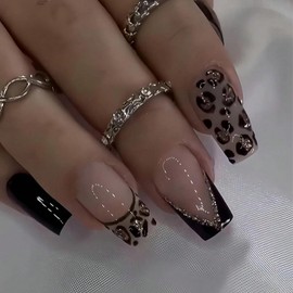 24 Pcs French Tip Press on Nails with Leopard Print Designs Medium Square Silver Glitter Fake Nails Glossy Black False Nails Full Cover Acrylic Nails Stick on Nails for Women DIY Manicure