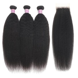 TOOCCI Kinky Straight Hair, 3 Bundles with Closure, Yaki Stragiht Real Hair Weave Bundles with 4x4 Lace Closure, Virine, Brazilian Remy Real Hair, Natural Colour (8, 8, 8 + 8 Closure)