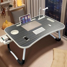 Laptop Bed Table - Adjustable Height, Foldable With USB Charging Port, Handle, Card Slot & Drawer - For Students & Remote Workers - Perfect for Dormitory, Bedside & Home Office - Color: black laze table