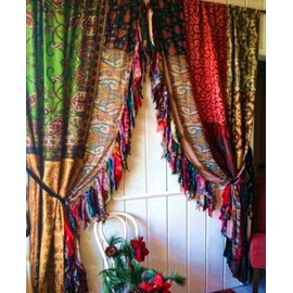 EthinicCraftHub® 2 Pcs of Indian Vintage Light-Filtering Sari Colorful Curtains- Multi Color Handmade Patchwork Curtains Drapes Home Decor Curtain