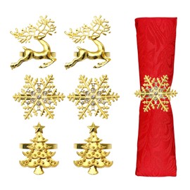 Christmas Napkin Rings,6 Pcs Christmas Tree Snowflake Reindeer Gold Napkin Rings Holder Napkin Buckle Serviette Rings for Thanksgiving Wedding Party Dinner Table Decoration (Elk&Snowflake&Xmas Tree)