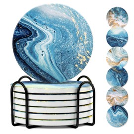 AmyFei Drink Coasters with Holder, Ceramic Drink Coaster Sets of 6, Marble Blue Ocean Style Absorbent Ceramic Coasters with Cork Base for Home Decor, Kitchen, Gift, Bar, Coffee Table(4 Inches)