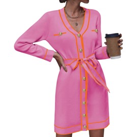 Pink Queen Women's Long Sleeve Button Down Mini Dress Elegant V Neck Open Front Color Block Knit Sweater Cardiagns with Belt Womens Work Dresses Fuchsia Pink M