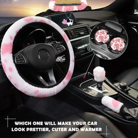 JINGSEN11 Pieces Fluffy Car Accessories Set,Fluffy Cow Print Plush Steering Wheel Covers for Women Soft Fleece Handbrake Cover Shift Cover Car Trim Warm Non-Slip(Pink)