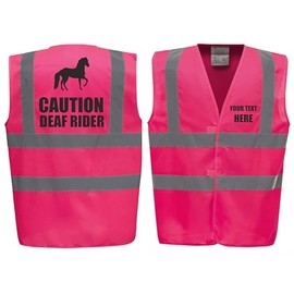 Caution Deaf Rider Horse Riding Equestrian Premium Pink Hi Vis Safety Vest Reflective Waistcoat Road Safety High Visibility, Can Personalise. (Pink, Small)
