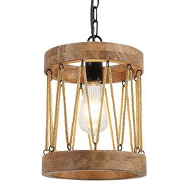 ZOLUVINA Farmhouse Woven Pendent Lights, 8.6'' Rustic Wooden Pendant Lamp with Sturdy Twine, Adjustable Hanging Light Fixtures for Kitchen Island Dining Lving Room Foyer Hallway Entryway Bar