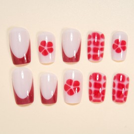 SXVME Red French Tip Press on Nails Short Medium Square, Fake Nails with Cute Flower Design Full Cover White False Nails Medium Coffin, Natural Glue on Nails for Women 24 Pcs