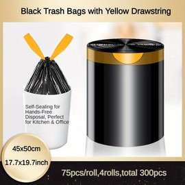 4 rolls/300pcs, 4 Gallon Drawstring Garbage Bag - Conveniently Disposable, Automatic Closure, Versatile and Multipurpose - Perfect for Home, Office, Cleaning Supplies, and Household Gadgets - Color: Large 300pcs(Black+Yellow)