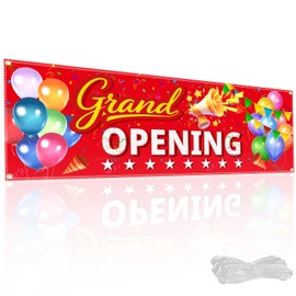 3x10 ft Grand Opening Banner with 9.8 ft Ribbon – Premium Polyester Grand Opening Sign for Store, Business, Restaurant – Outdoor/Indoor Advertising Backdrop with 10 Brass Grommets (Red)