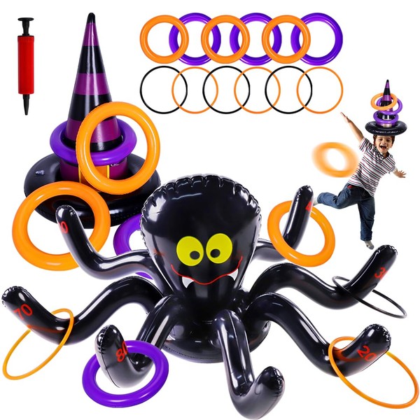 Max Fun Halloween Ring Toss Games Inflatable Spiders Ring Toss Witch’s Hat Toss Game for Kids Halloween Party Favors Indoors Outdoors Party Game