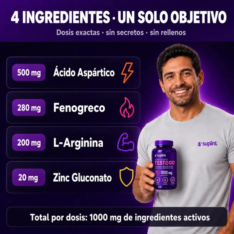 Testo Suplemento Hombre Ácido Aspártico Fenogreco Arginina Zinc Vegano Gluten