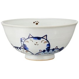 Utsuwa Roan 091-0026 Seto Ware "Cute Utsuwa" Rice Bowl, Large, Diameter Approx. 5.1 inches (13 cm), Dream Kobo Trio the Nyan, Blue, Made in Japan