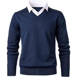 Herothorn Men's Knit Sweater Fashion Pullover Soft Touch V-Neck Sweatshirt Top with Plaid or White Mock Shirt Collar