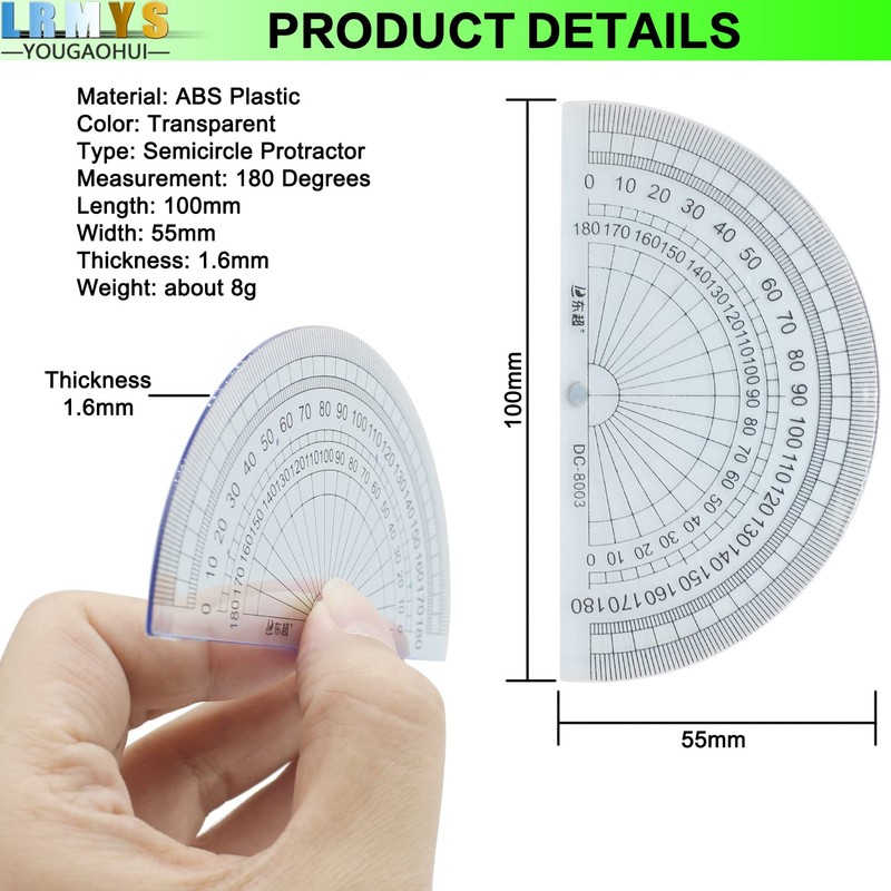 LRMYS 180 Degrees Clear Protractor, Transparent Plastic Semicircle Angle Measurement