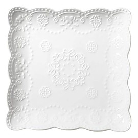 Jusalpha 4 Pack- Square Embossed Lace Ceramic Plate-Tableware Dish Set- 4 Pieces (6 Inches, White)