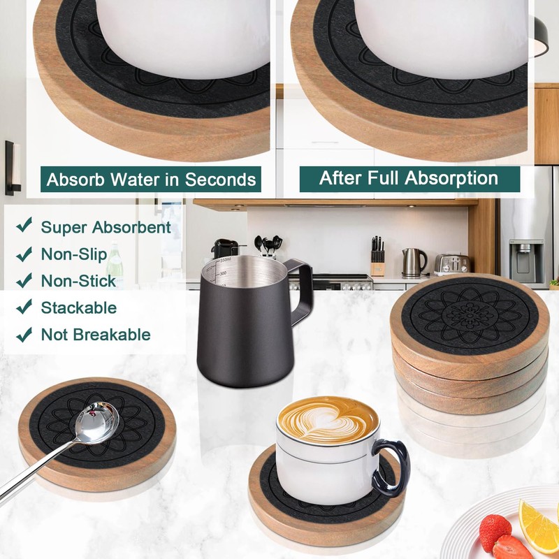 Wood Coasters for Drinks, Minacun Absorbent Coaster Sets of 5,