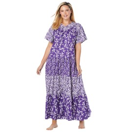 Only Necessities Women's Plus Size Long Tiered Print Lounger - 2X, Plum Burst Floral