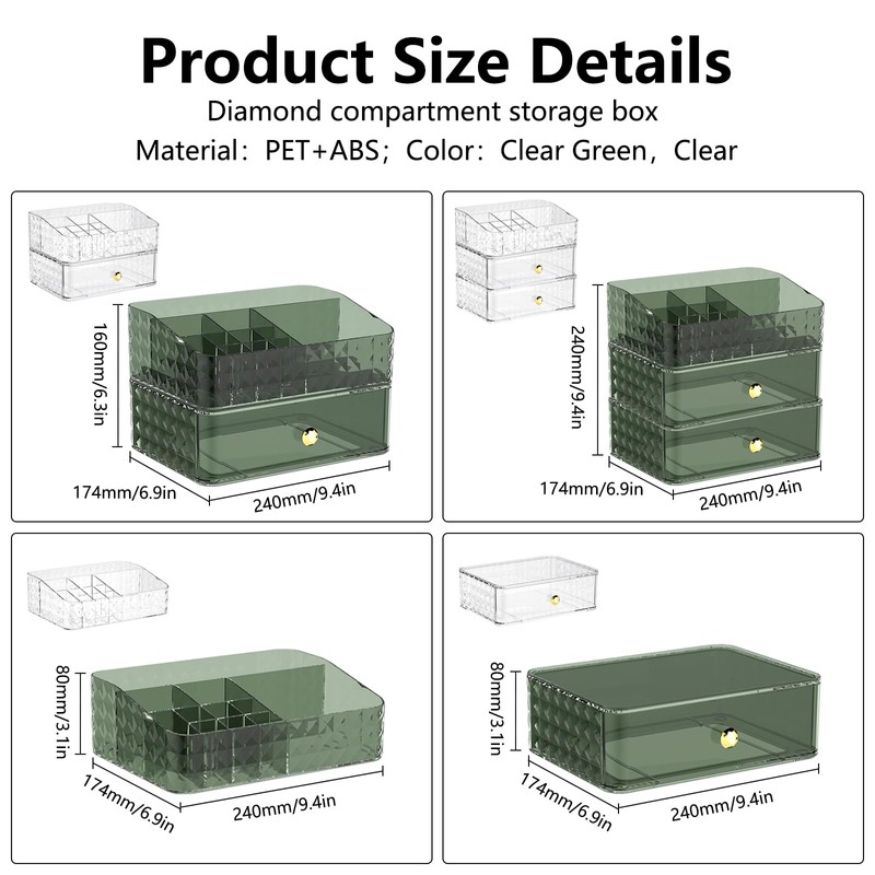 DASITON Makeup Organizer with Drawe,11 Slots Stackable Storage Drawers,Diamond pattern