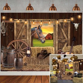 Western Cowboy Backdrop West Rustic Wooden House Farm Barn Door Photography Background for Kids Adults Wild Cowboy Theme Birthday Party Decorations Banner (94X70 inch (8x6FT))