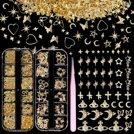 2 Boxes 300 Pcs Gold Nail Charms, Gold Star Nail Charms, Star Cross Butterfly Crown Moon Saturn Nail Gold Charms, Multi Shapes Golden Nail Art Studs, Gold Nail Gems and Charms for Nail Art Y2K Decor