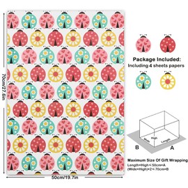 Ladybug Gift Wrapping Paper, 6 Sheets Multi-colored Flower Heart Ladybird Printed Funny Wrapping Paper for Women Men Boys Girls