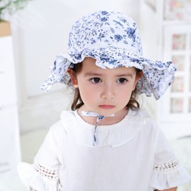 JUPSK Toddler Sun Hat Kids Summer Bucket Hat with Adjustable Chin Strap UPF50 Wide Brim Beach Hat Floral Cotton Cap for Infant Baby Boys Girls Aged 3-6 Months Blue