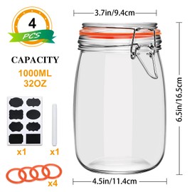 Encheng 32 oz Wide Mouth Mason Jars with Airtight Hinged Lids, Large Glass Jar with Lid for Pickling, Fermentation, Canning, Food Storage – Set of 4 Glass Storage Containers