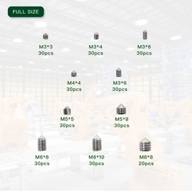 290 Pcs Taper Point Grub Screws Mixed Stainless Steel Metric Thread Hex Socket Screws Threaded Sleeve M3 M4 M5 M6 M8 Screws Assortment with 5 Pcs Allen Key