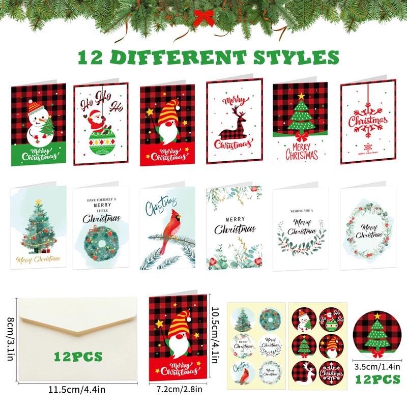 Zkaoai Christmas Cards with Envelope Set, 12 Pieces Christmas Cards