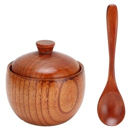 Wood Spice Pot, Sugar Bowl Salt Pepper Pot, Wooden Salt Cellar with Lid and Spoon, Salt Sugar Chili Seasoning Container, Vintage Jujube Wood Seasoning Jar for Home Restaurant