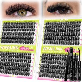 WiWiLINK Lash Clusters Kit 60D+80D+100D+200D Individual Lashes 424PCS D Curl 10-18mm Volume Cluster Eyelash Extensions Kit with Lash Bond & Seal and Applicator for DIY Eyelashes Extension Beginners