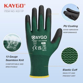 KAYGO Work Gloves PU Coated, Seamless Knitted Gloves with Polyurethane Coated Good Grip, KG11P, Safety Work Gloves for Men and Women, for General Purpose Light Duty Work, DIY (Large, Dark Green)