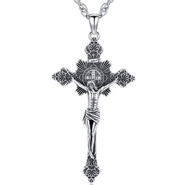Amavive St Benedict Crucifix Necklace for Men Women, Cross Pendant Sterling Silver Jesus Necklace for Men Boy Crucifixes Pendant
