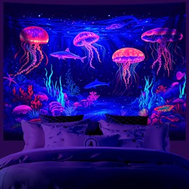 AOHMPT UV Reactive Blacklight Tapestry with Glowing Jellyfish, Whale & Dolphin Designs - Trippy Ocean Wall Hanging for Bedroom, Dorm and Living Room Decor 59L x 51W