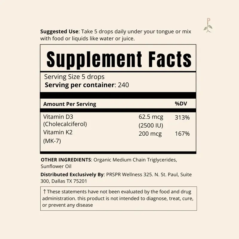 Vitamin D3 + K2 MK7 Drops for Bone Health &