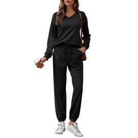 REORIA Women Cotton Lounge Wear Sets V Neck Tracksuit Set Long Sleeve Two Piece Outfit Solid Color Co Ord Sets Black L
