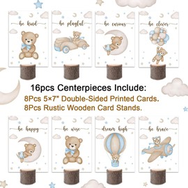 16Pcs Blue We Can Bearly Wait Centerpieces and Wooden Stands, Boy Baby Shower for Table Decorations, Double Side Bear Themed Baby Shower Party Supplies for Boys