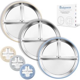 Bakpoco Stainless Steel Suction Plates for Toddlers, 9" Divided Kids Baby Plates with Removable Silicone Suction, Non Toxic Non Slip Portion Control Snack Dishes 3 Packs, Blue Gray Beige